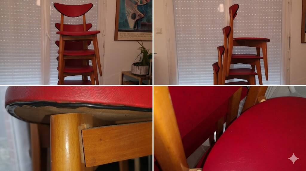 Set of 4 Vintage Chairs – 50s/60s Design – Red Faux Leather – Stackable