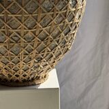 Immense light grey antique-style pot with a crosshatch lid and handles.