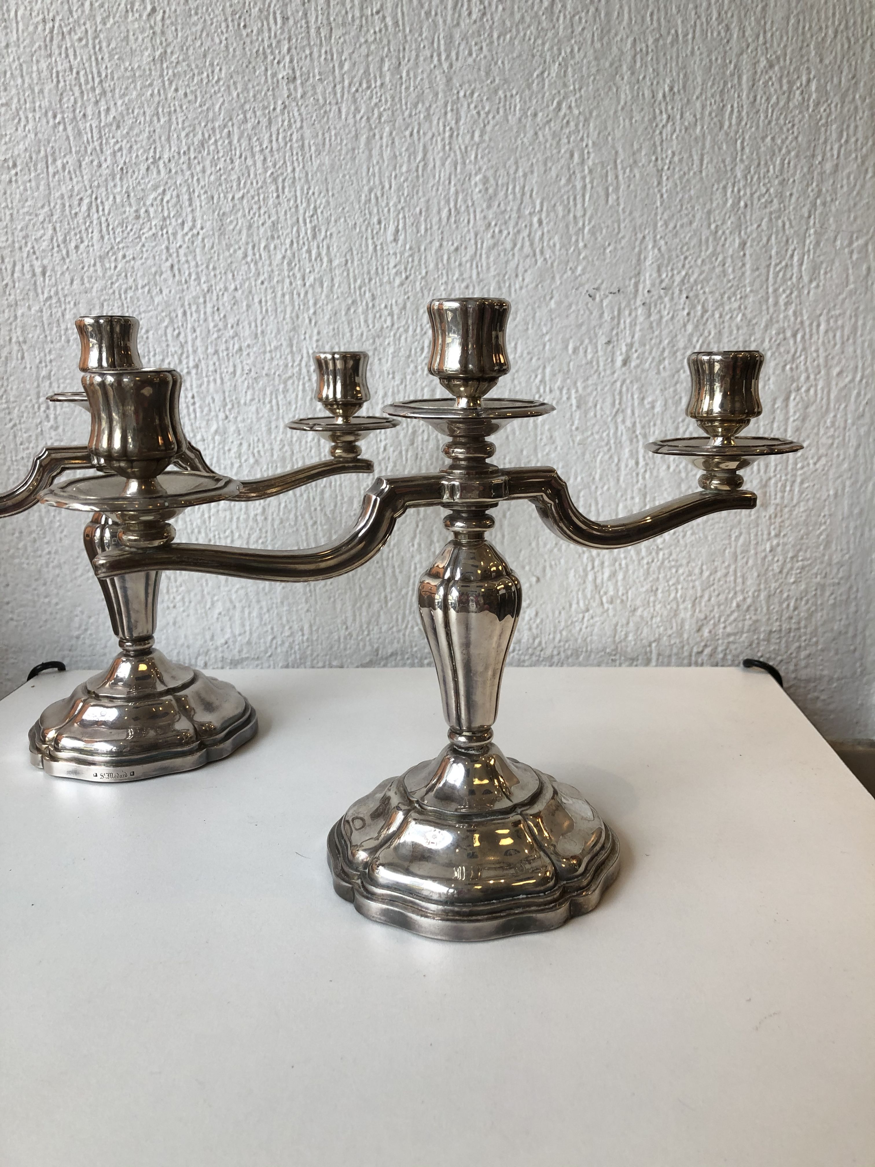 Pair of Art Deco period candlesticks in silver metal around 1940 1950