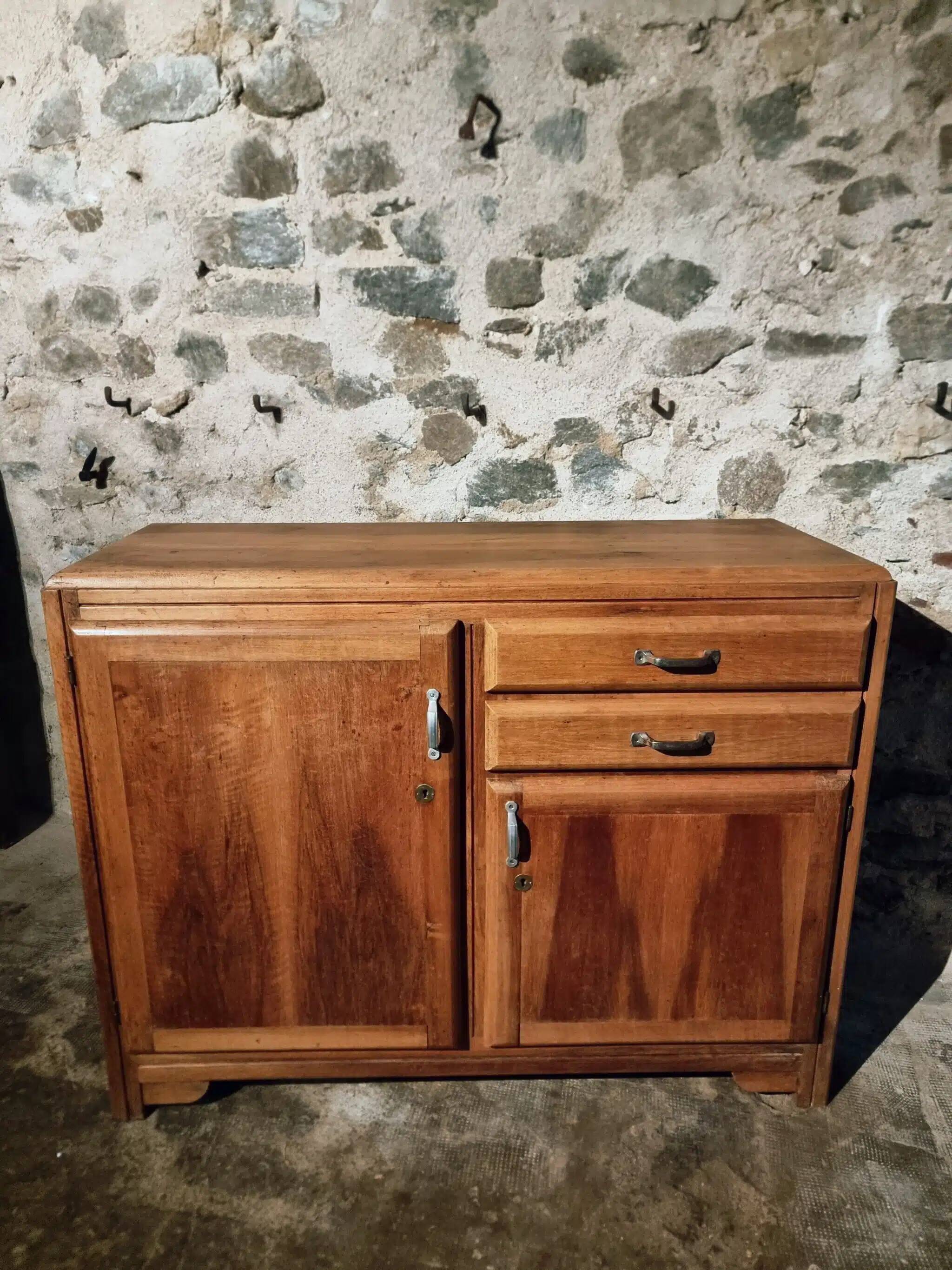 Vintage French 1930s walnut sideboard - two drawers, adjustable shelves, Art Deco style