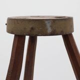 Brutalist French solid oak tripod stool with metal rim, 1850s