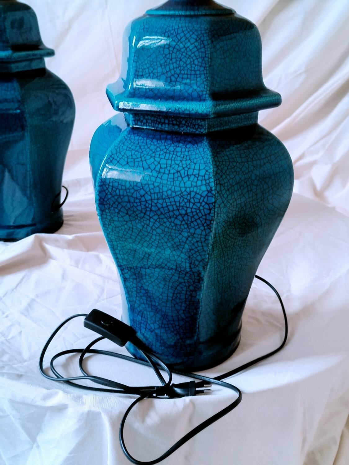 2 blue crackle ceramic desk lamp bases, 1950s