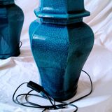 2 blue crackle ceramic desk lamp bases, 1950s