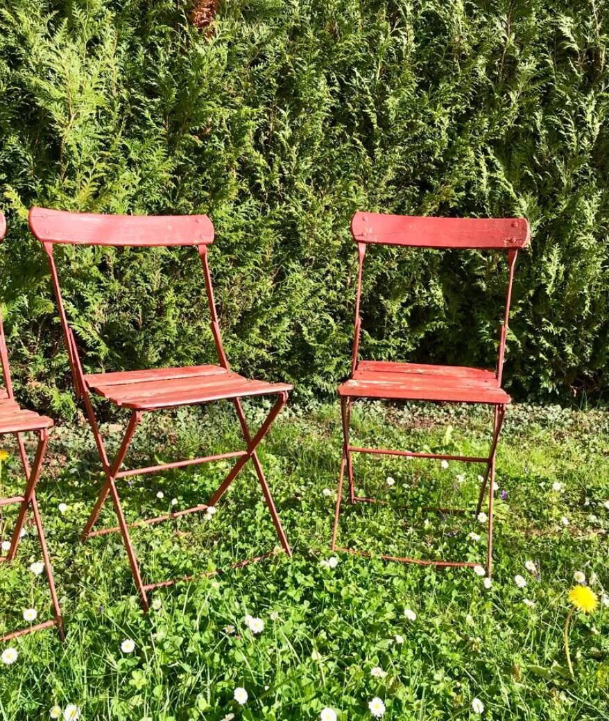 set of 4 folding iron and wood garden chairs early twentieth century