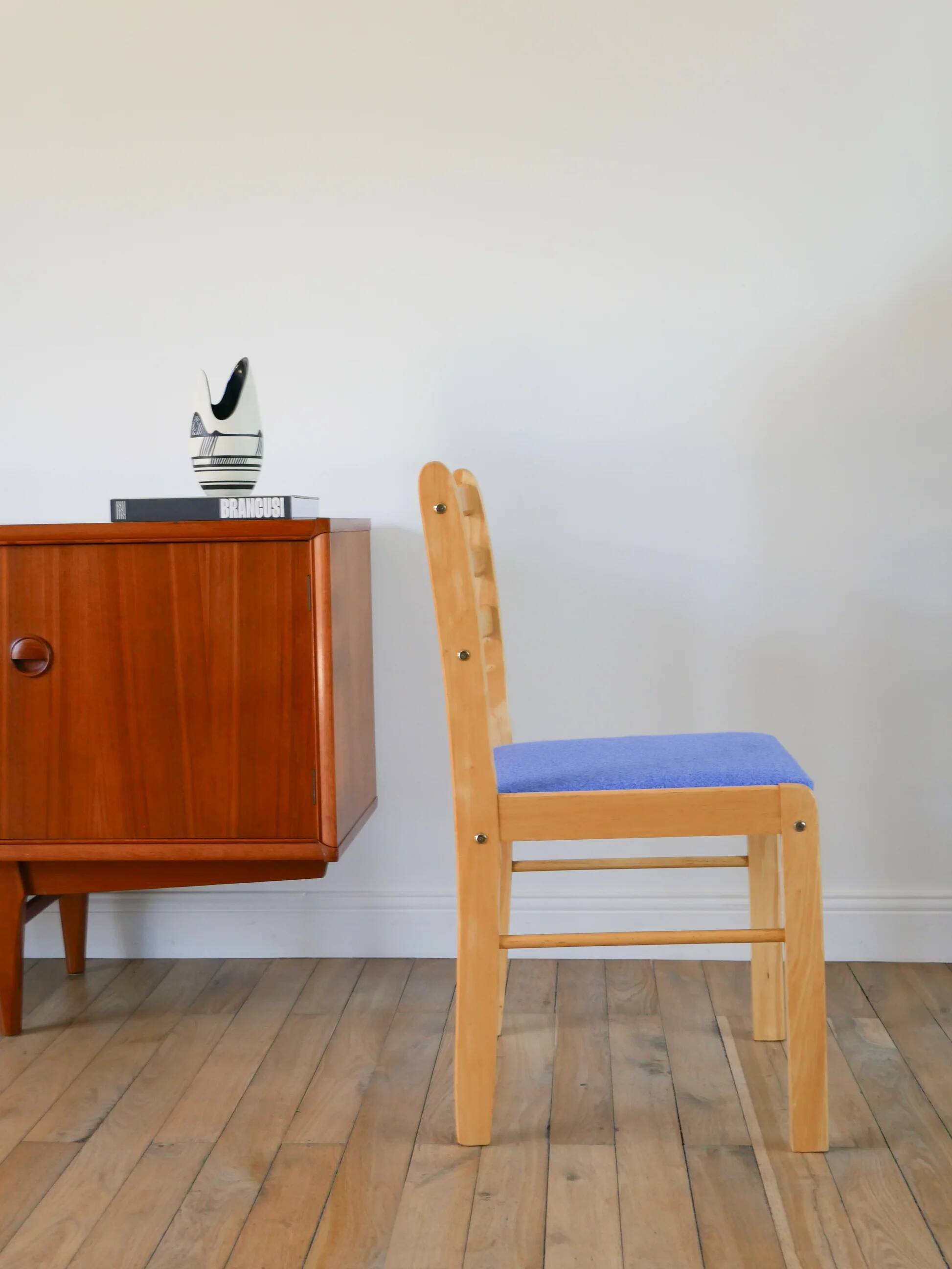 Set of 4 solid pine chairs, reupholstered in ocean blue wool, 1980.