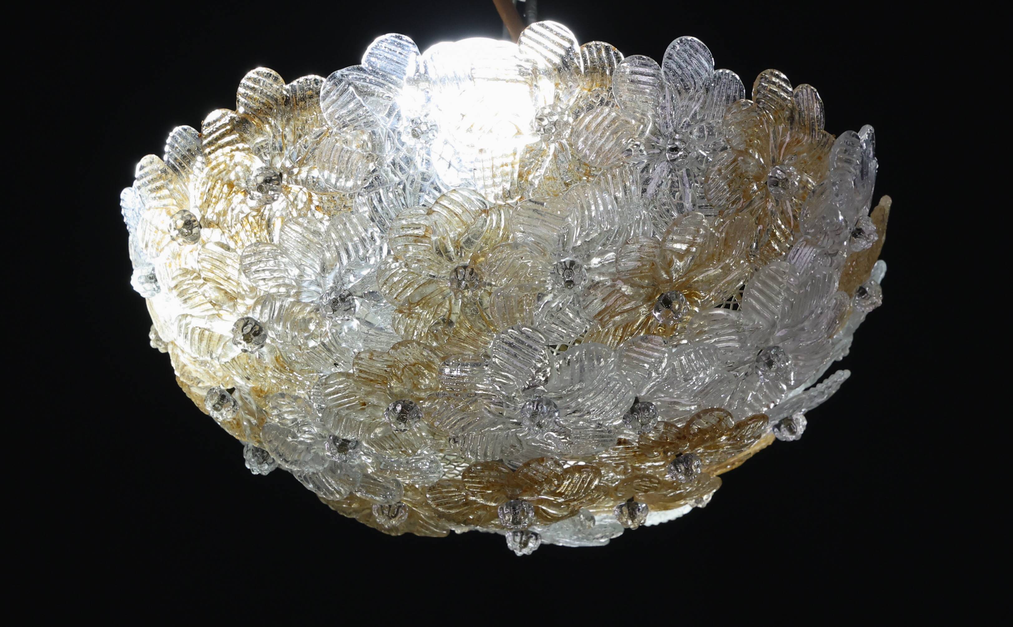 Wonderful Orange and Transparent Murano Glass Ceiling Light Flower by Seguso