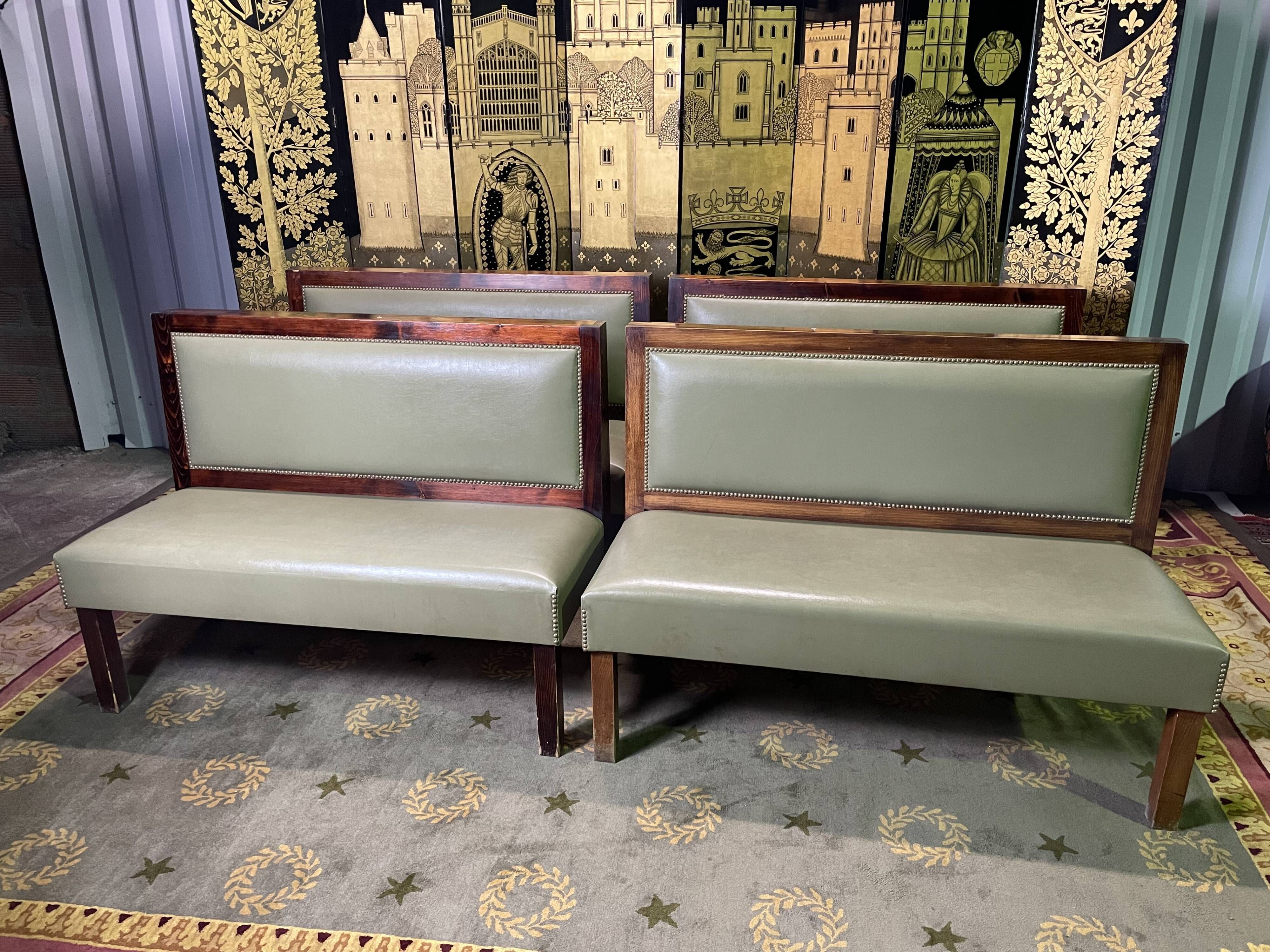 Suite of 4 bistro benches - brasserie in green skaï