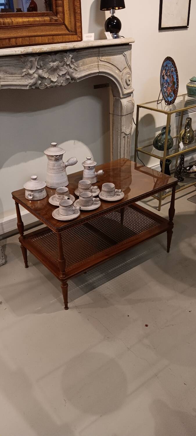 Coffee table / side table in mahogany with a rattan shelf.