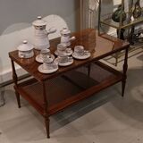 Mahogany coffee table / end table with rattan spacer shelf