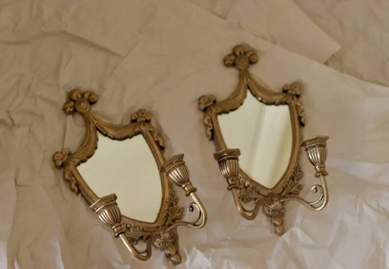 Pair of Vintage Double Arm Italian Brass Sconces with Mirror