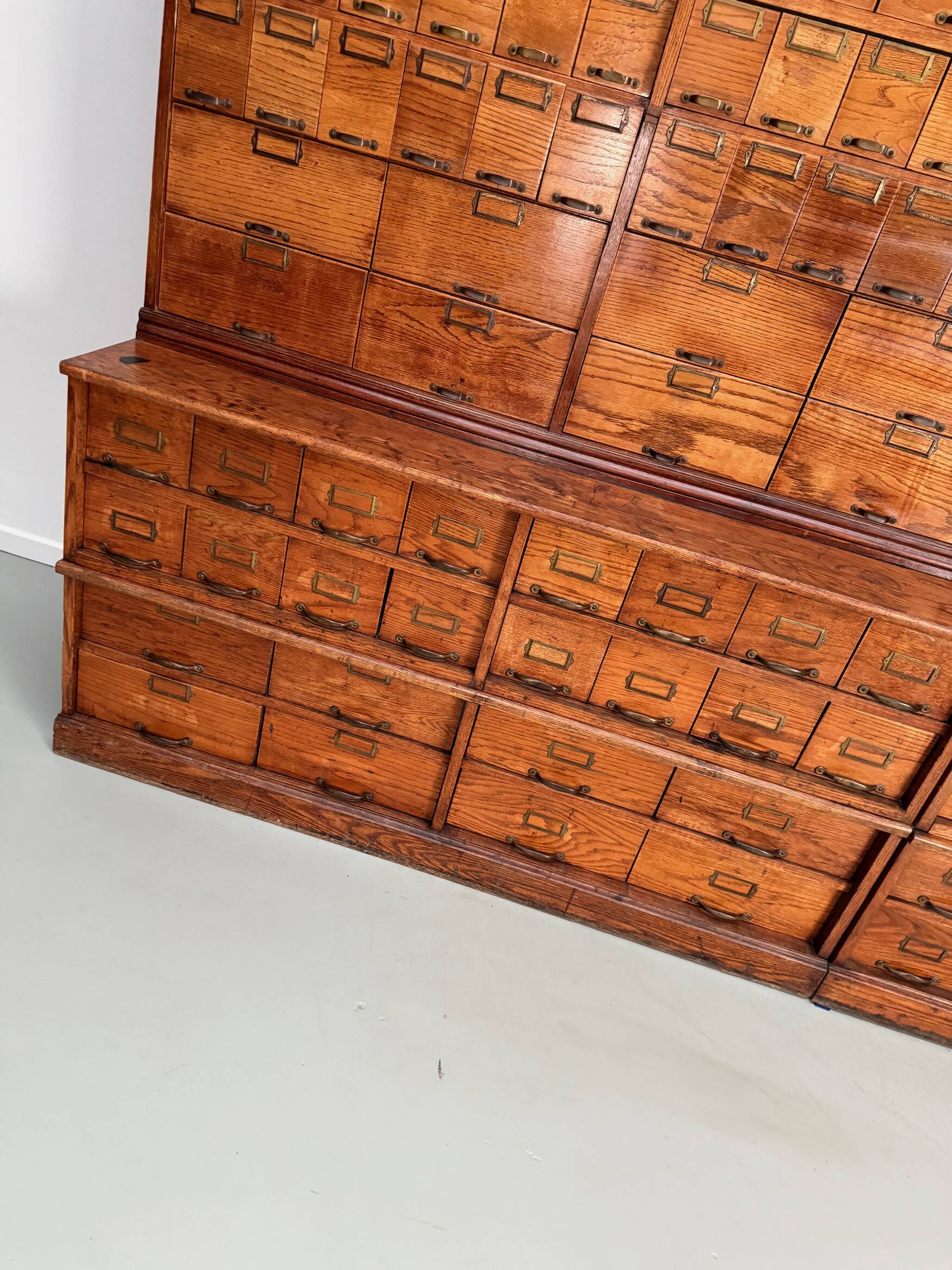 Antique very large American oak grain / apothecary cabinet, ca 1900
