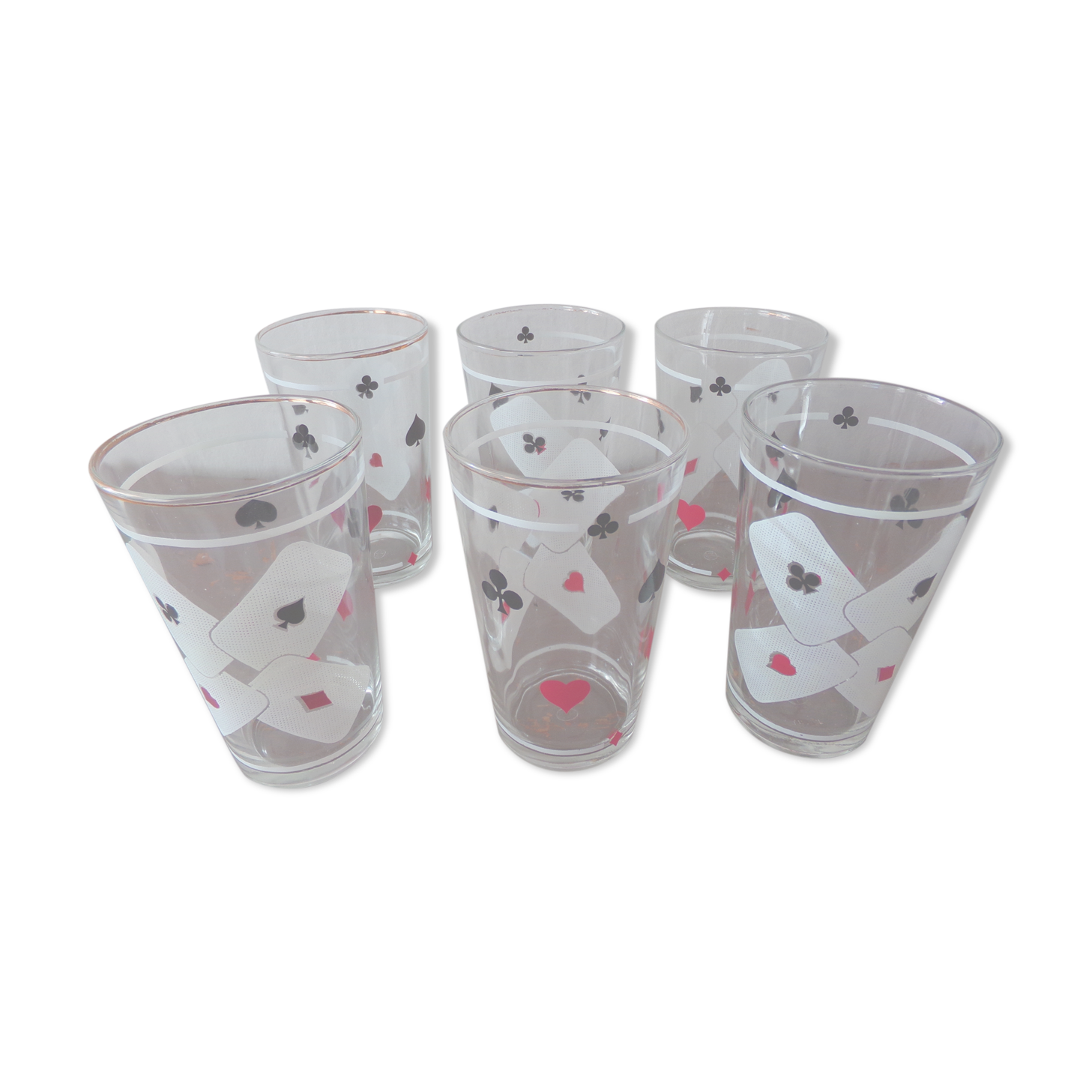 Lot of 6 glasses screen-printed vintage 60s card game