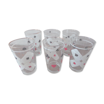 Lot de 6 verres sérigraphiés "jeu de carte" vintage années 60
