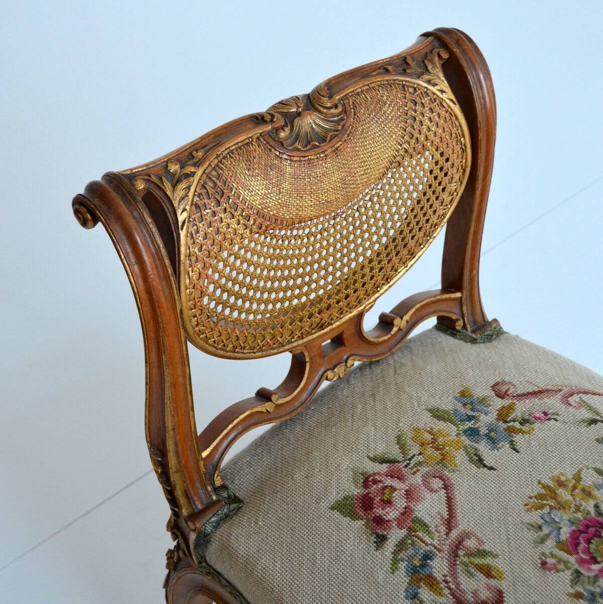 Stool / small bench in canvas, canework and wood late 19th century