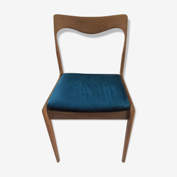 Chaise scandinave en teck et velours ras bleu canard des années 60