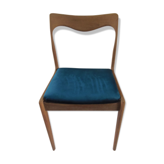 Chaise scandinave en teck et velours ras bleu canard des années 60