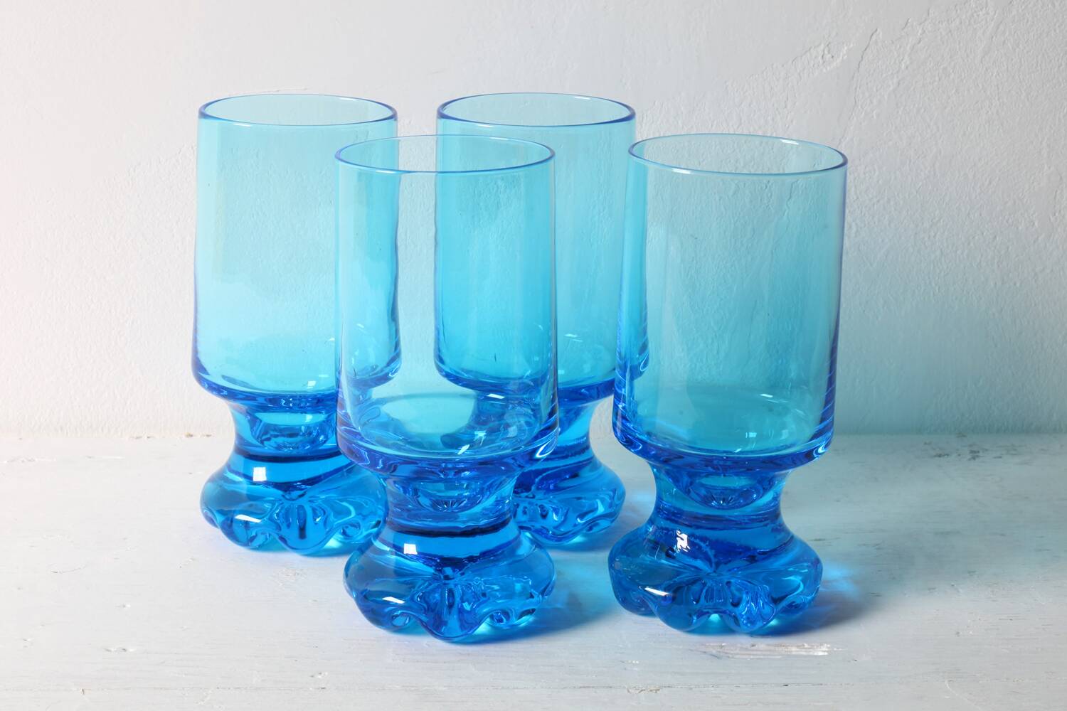 Set of 4 Unique Vintage Bright Blue Glasses / Solid Rare Tumblers / Italy /