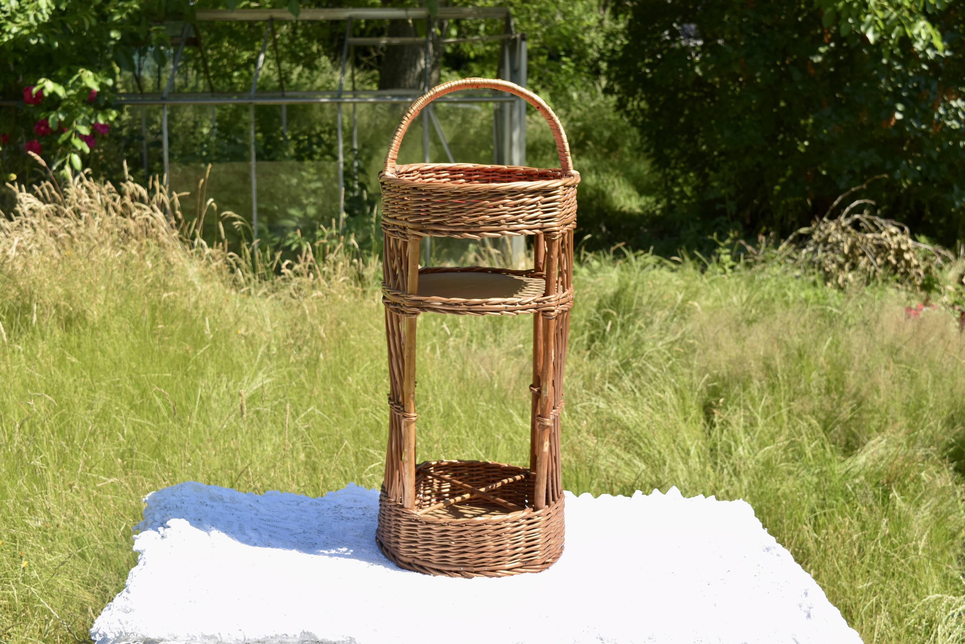 Wicker bottle holder basket with slots for plates and glasses - 1970s