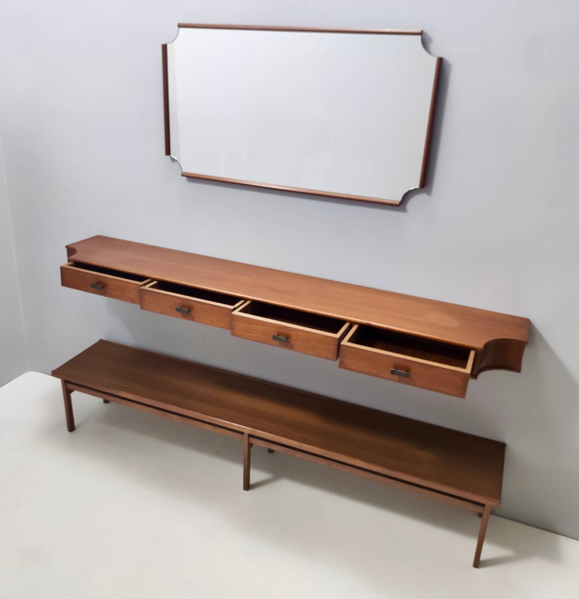 Entryway Set of Wall Mirror, Walnut Console and Bench by Brugnoli, Italy