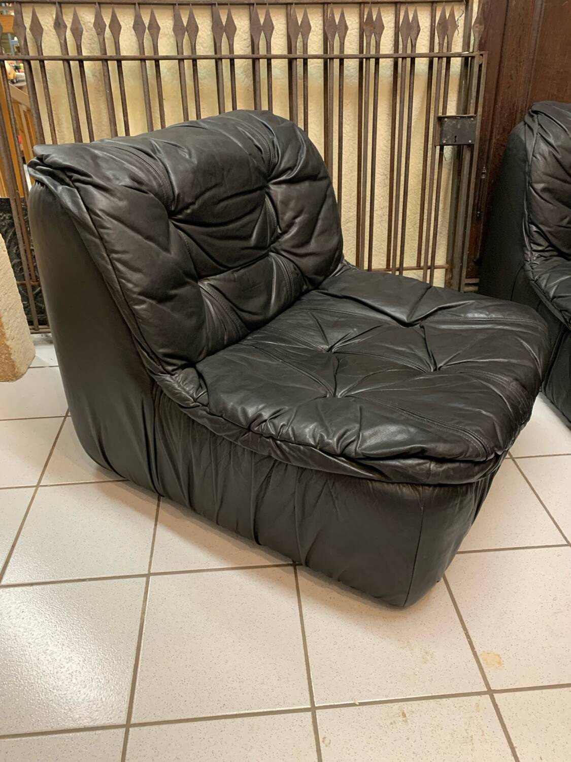 Vintage Black Leather Sofa Design Circa 1980