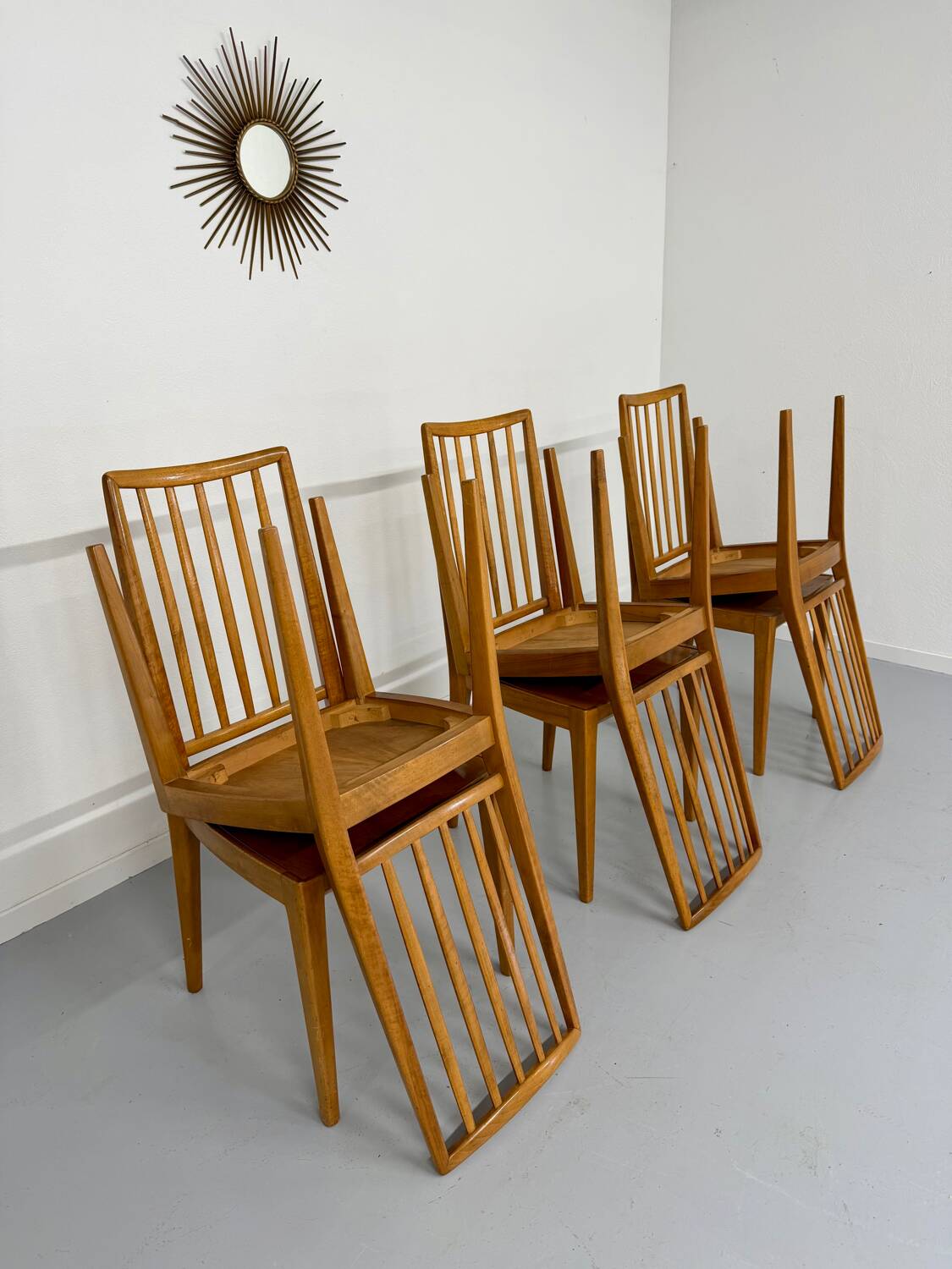 Lot de 6 chaises en hêtre massif vintage bois bicolore design annee 60