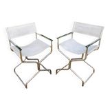 Pair of folding metal and leather armchairs