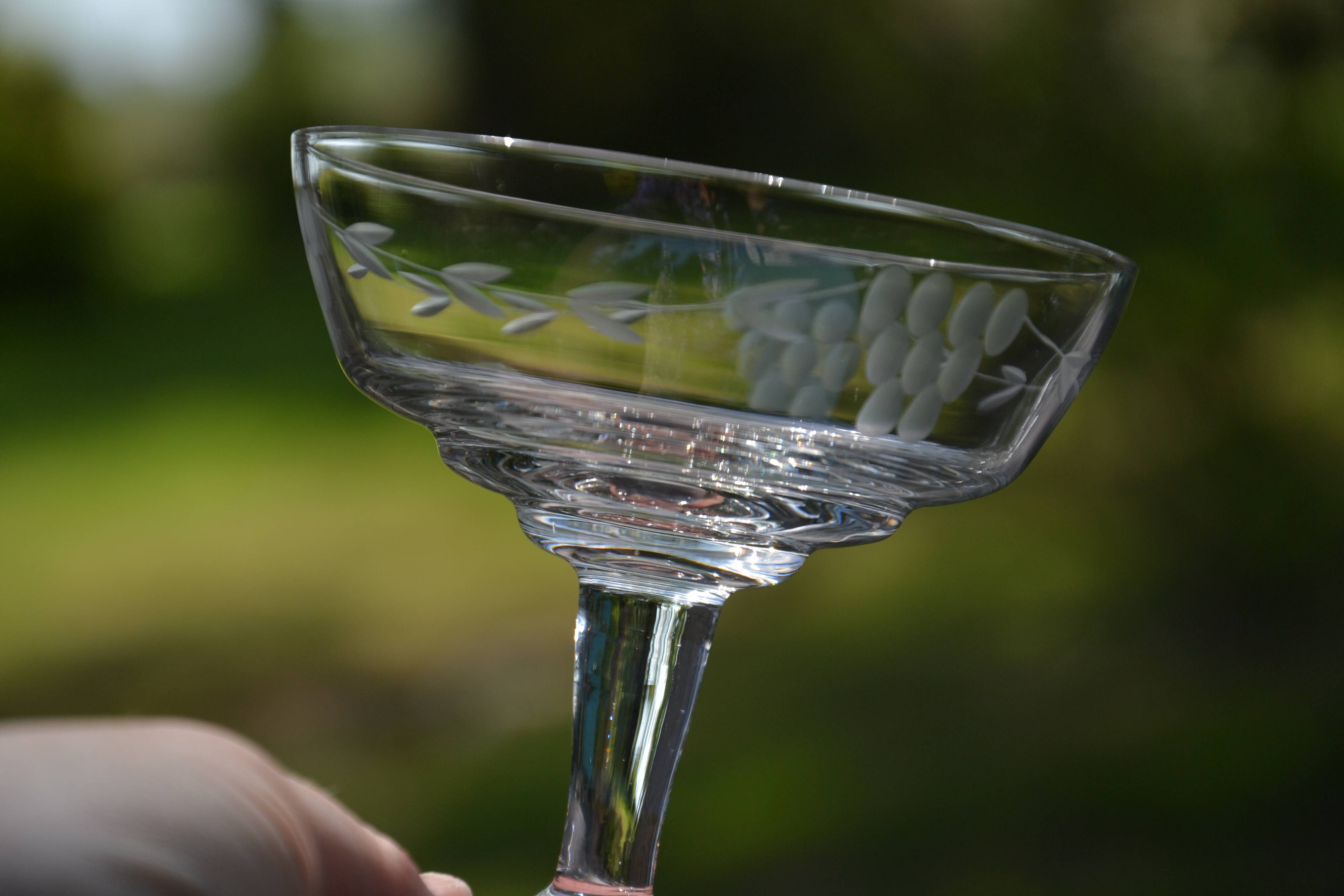 4 original antique champagne glasses in Belgian engraved glass