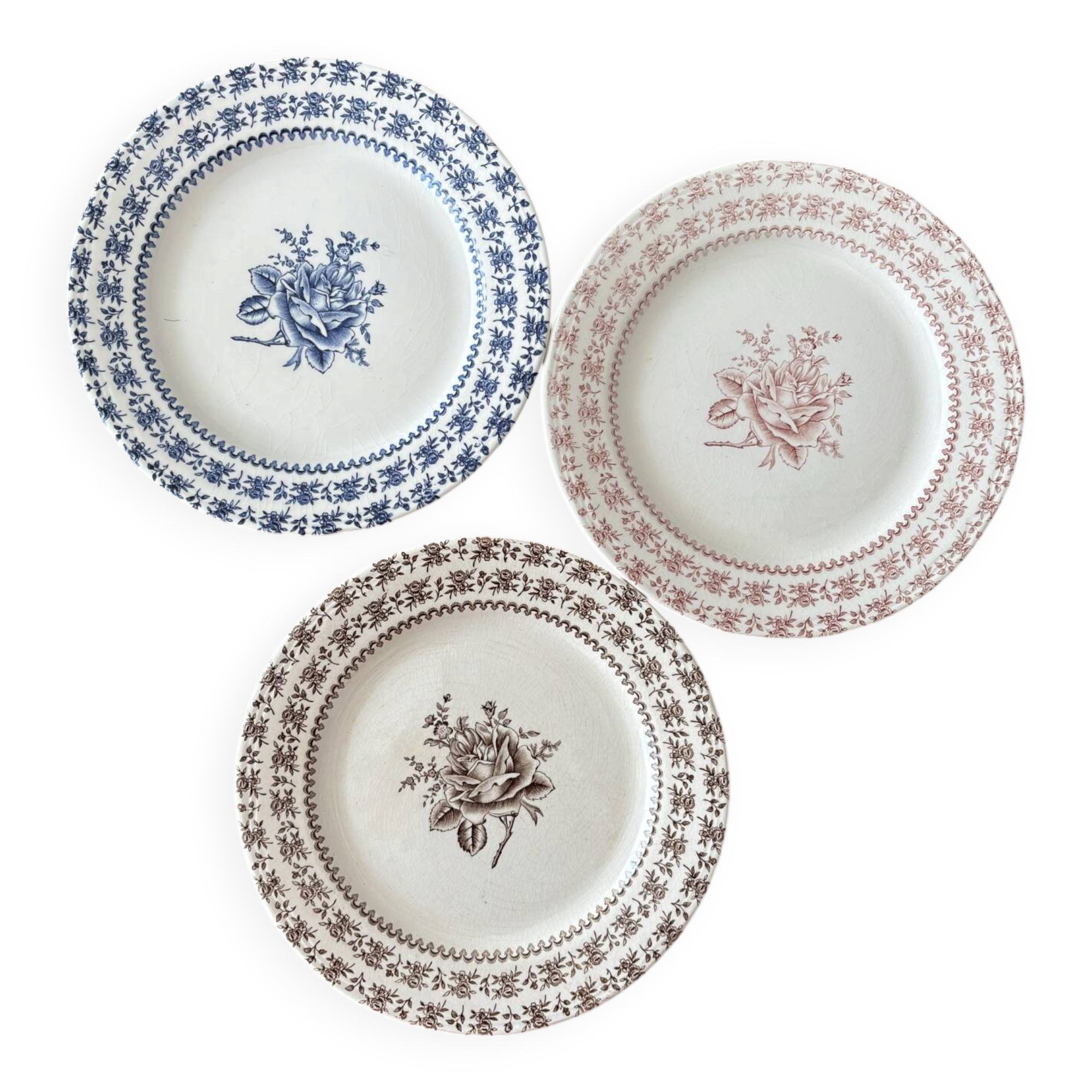 Lot of 3 dessert plates Lunéville English Style – Old roses bl