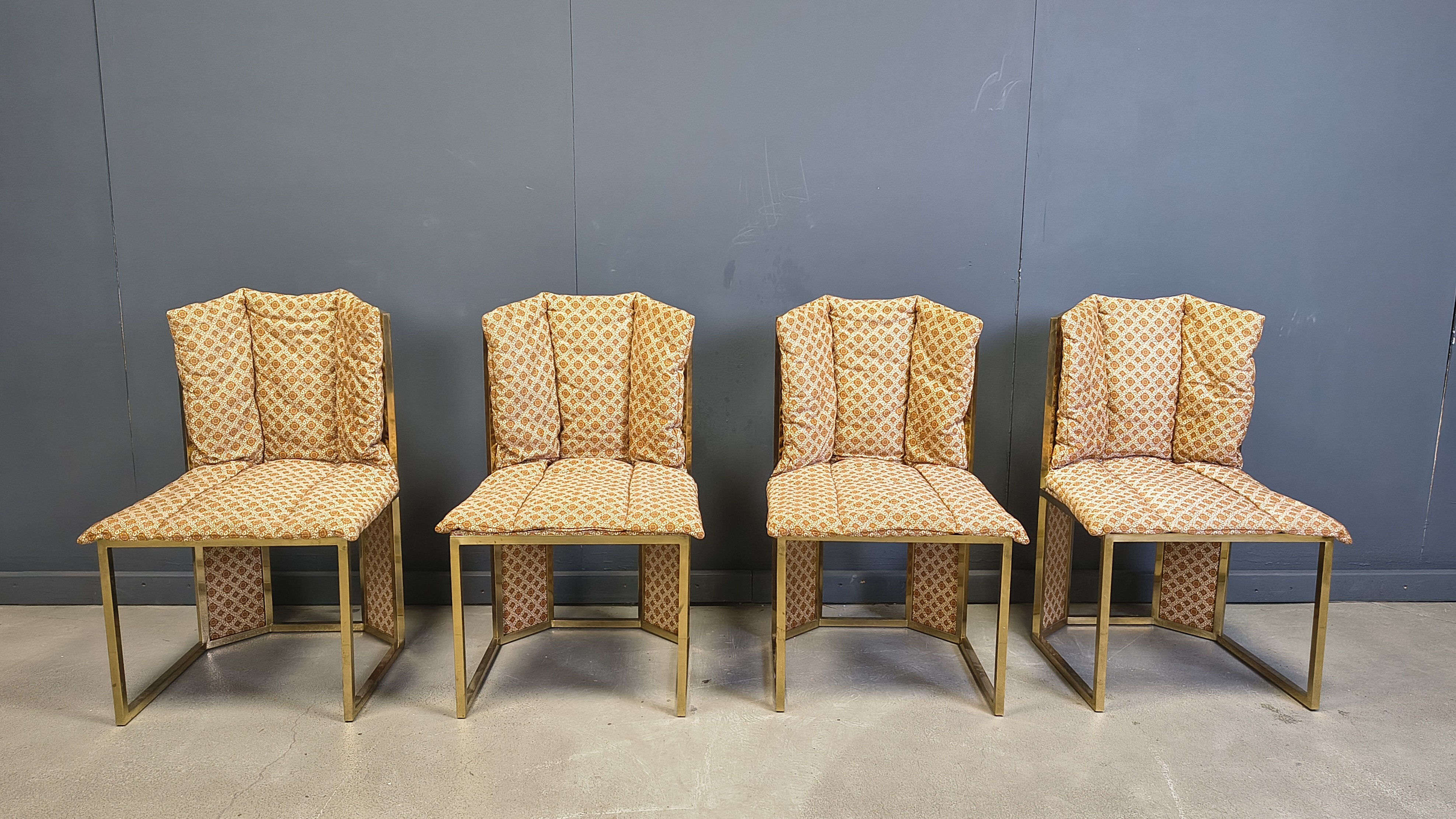 Romeo Rega set of 4 dining chairs in brass and wicker for Mario Sabot, 1970s