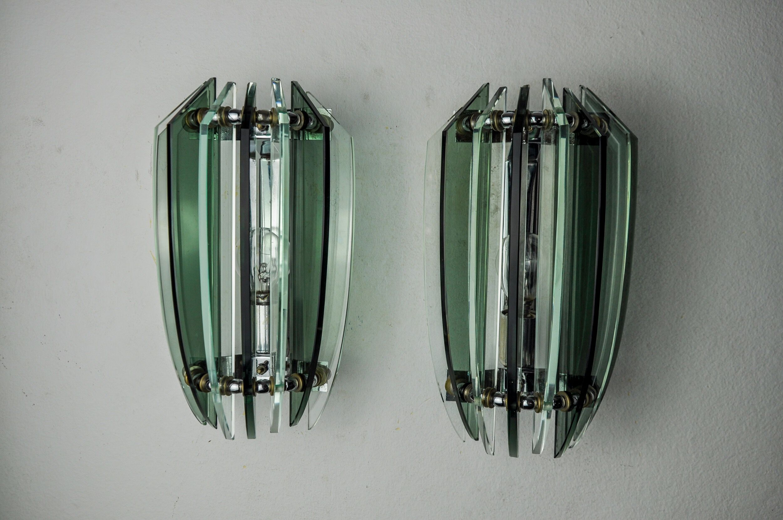 Pair of veca bicolor wall lamps, green murano glass, italy 1970
