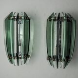 Pair of veca bicolor wall lamps, green murano glass, italy 1970
