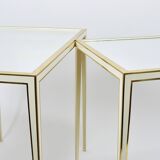 A pair of brass and white mirror tables from Vereinigte Werkstätten, Germany, 1970s.