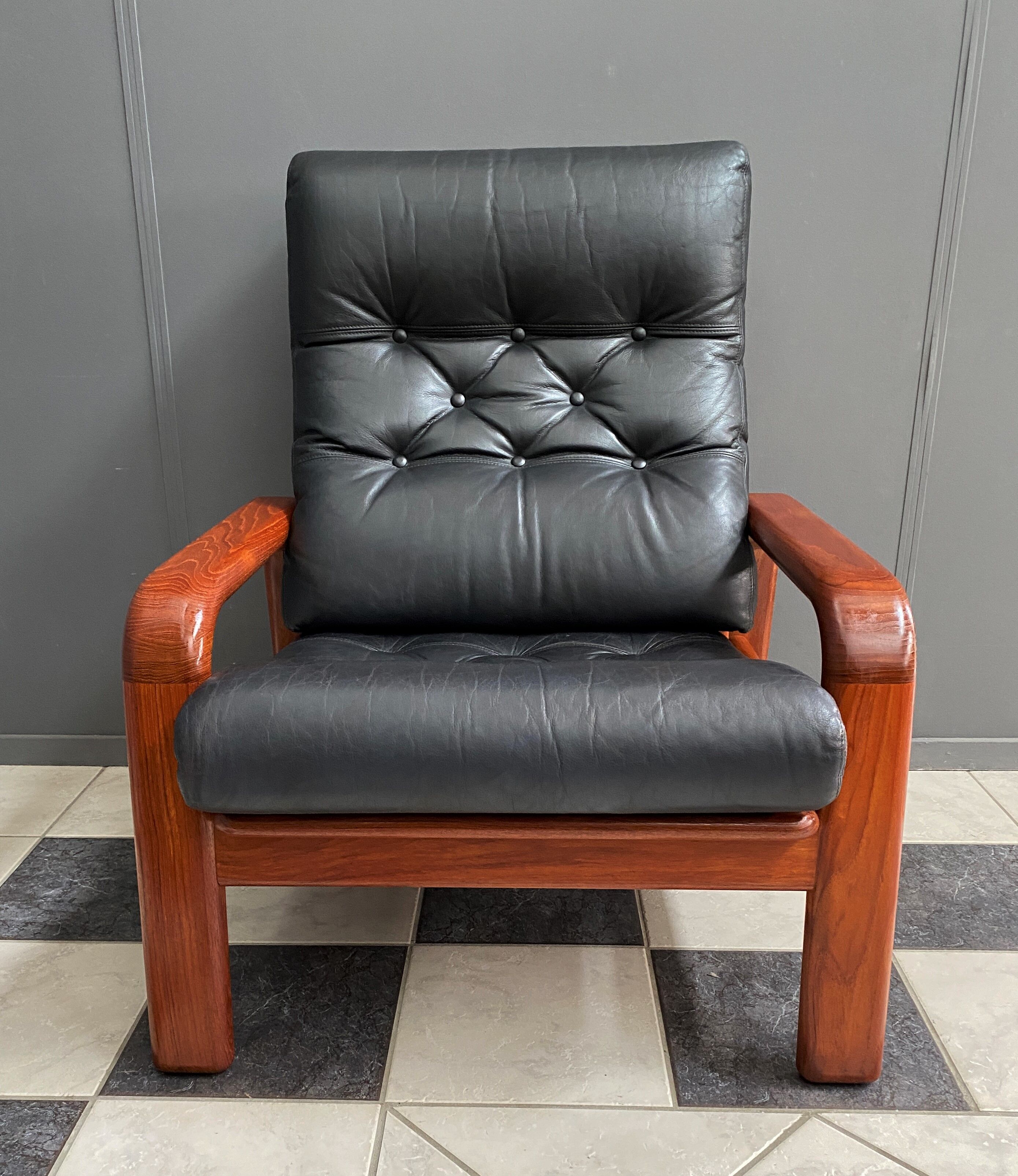 Set of two Danish teak and leather chairs by HS Denmark 1970s