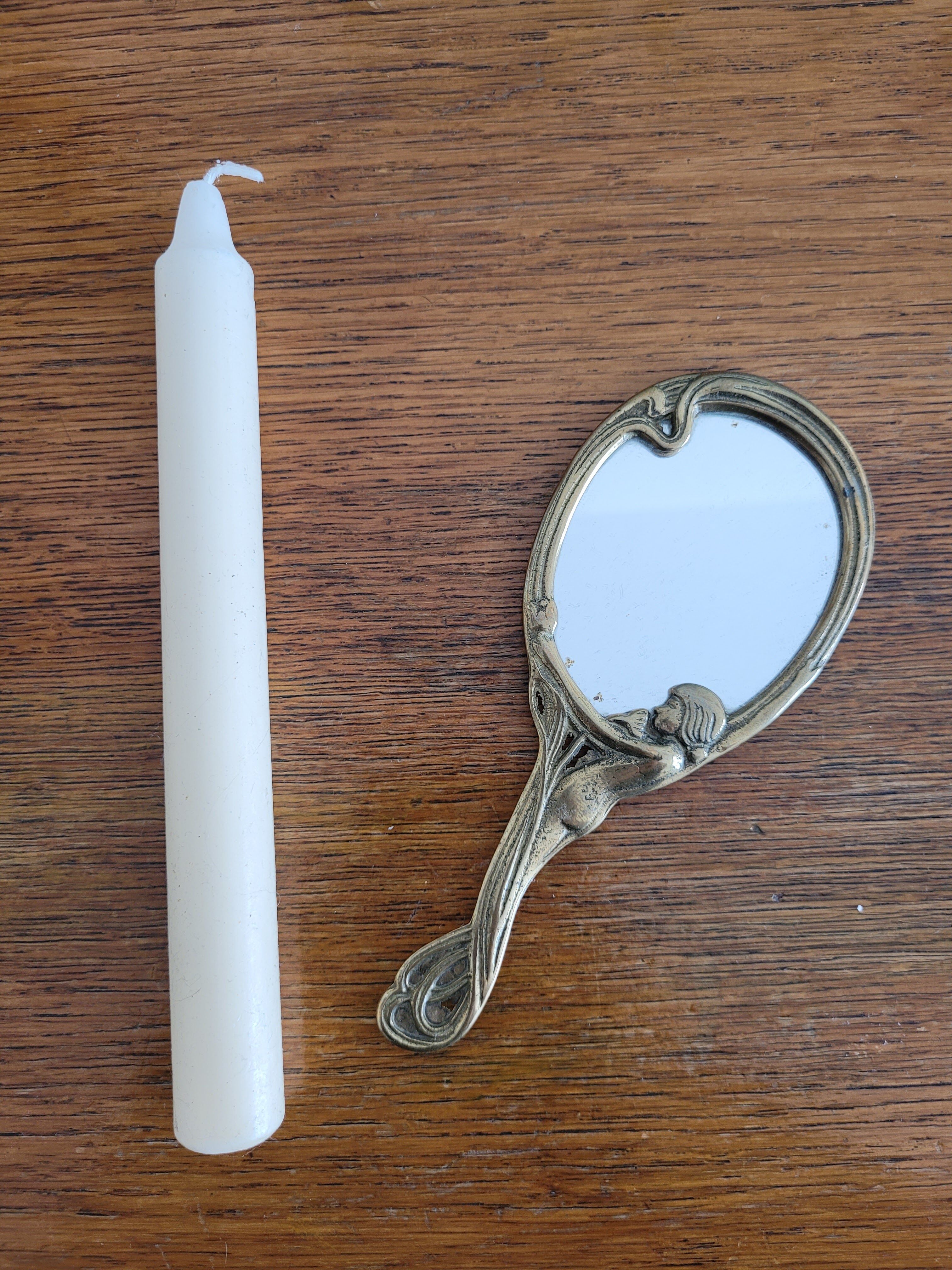 Art Nouveau brass hand mirror