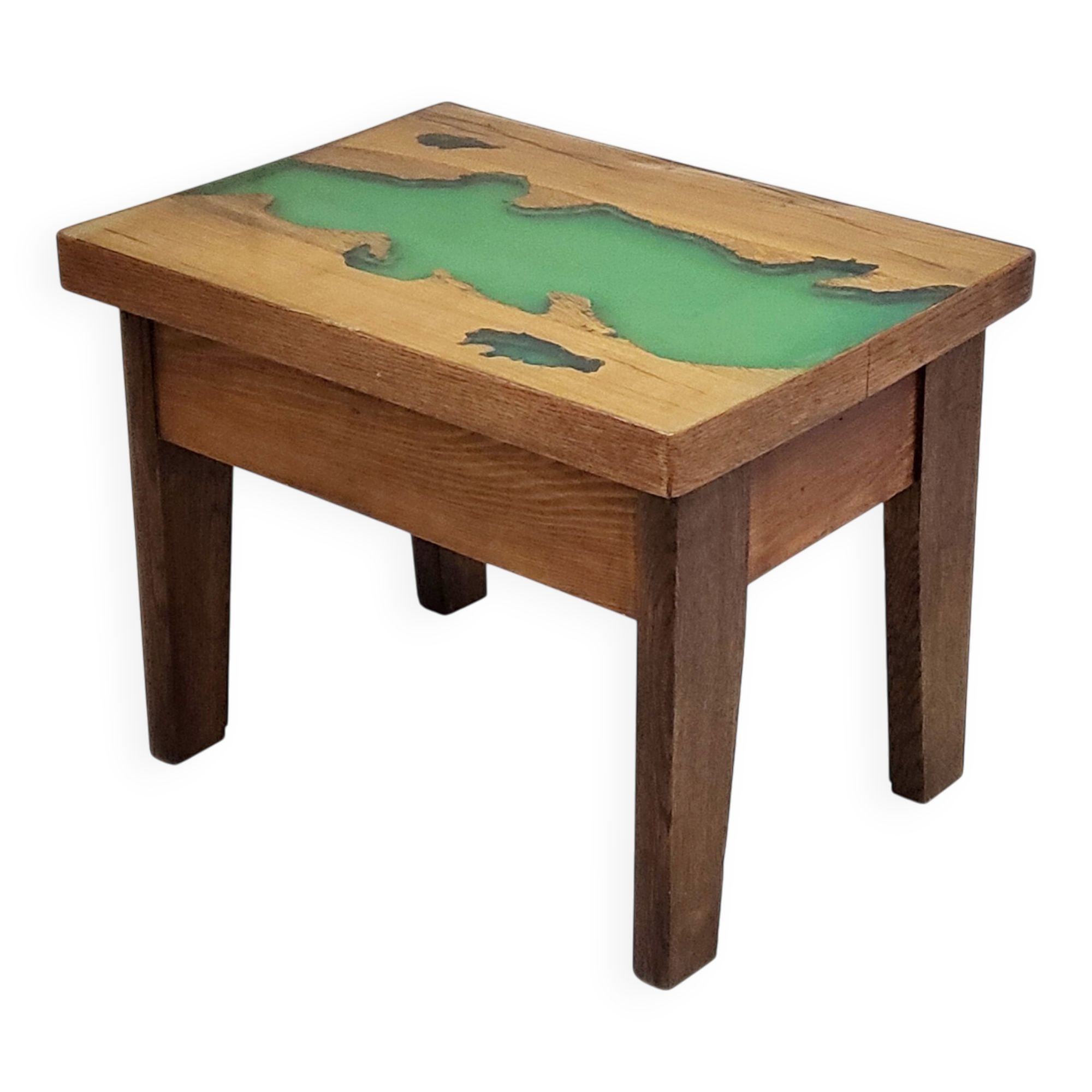 Vintage 1970 side table in green epoxy resin & solid oak 70s raw