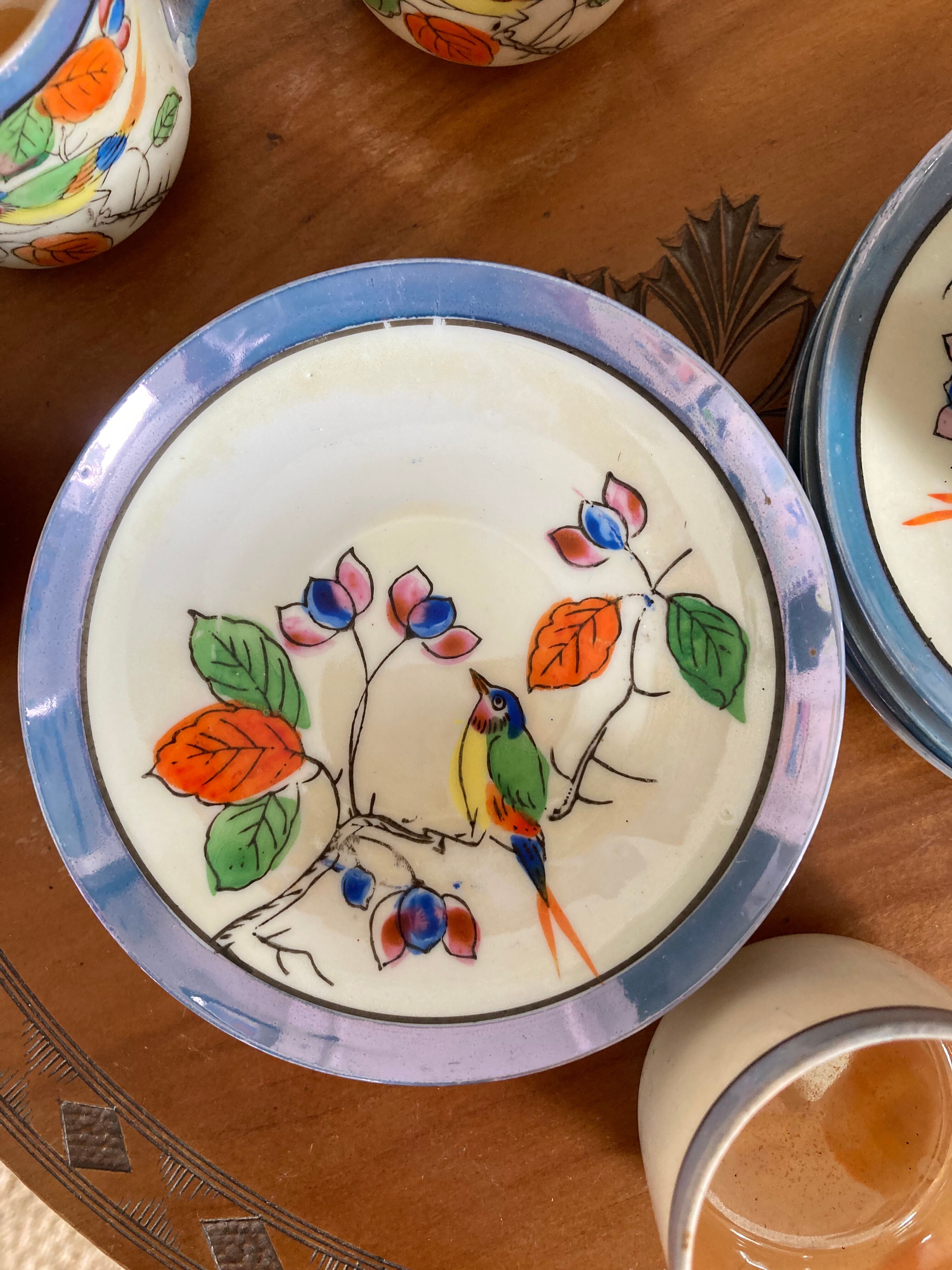 7 cups 1950 enamelled china saucers coffee or tea painted decoration birds