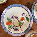 7 cups 1950 enamelled china saucers coffee or tea painted decoration birds