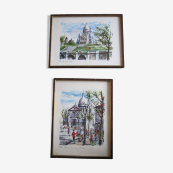 Aquarelle « Paris Place du Tertre - Eglise St Pierre » par Arno, 1960