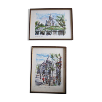 Aquarelle « Paris Place du Tertre - Eglise St Pierre » par Arno, 1960