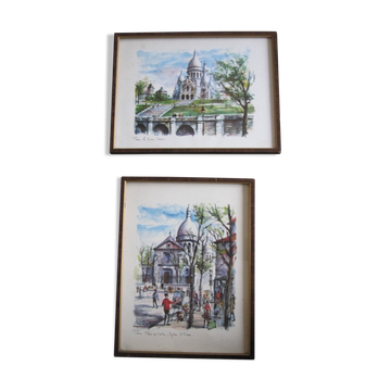 Watercolor “Paris Place du Tertre - St Pierre Church” by Arno, 1960