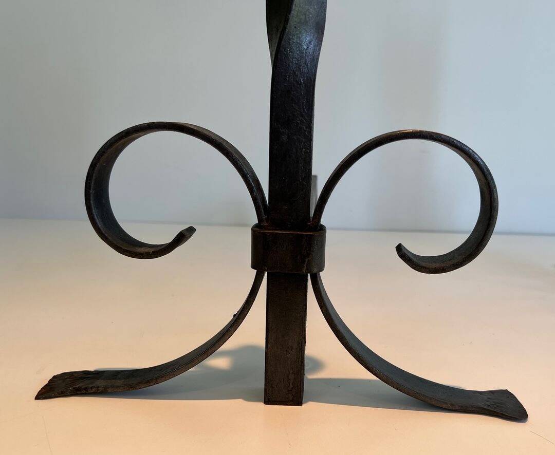 Pair of Neoclassical Fire Dogs in Wrought Iron with Twisted Columns, Finials