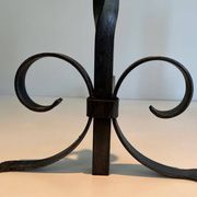 Pair of Neoclassical Fire Dogs in Wrought Iron with Twisted Columns, Finials
