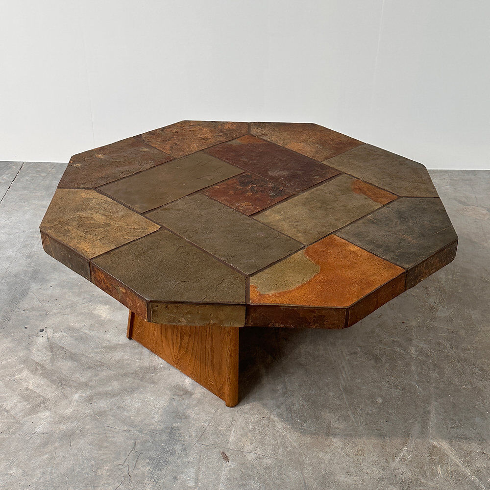 Large vintage slate mosaic coffee table, oak pedestal base, brutalist octagonal