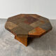 Large vintage slate mosaic coffee table, oak pedestal base, brutalist octagonal