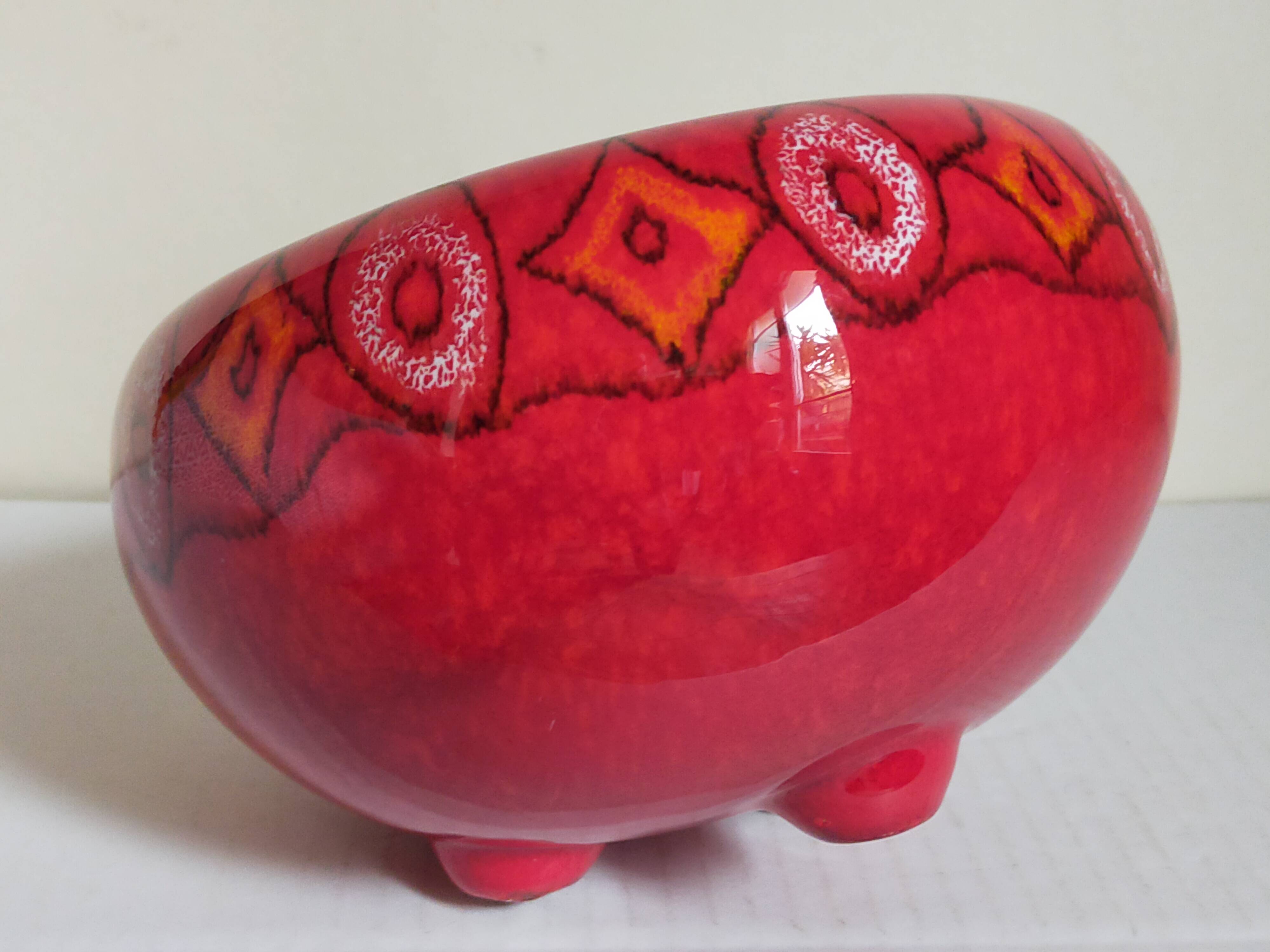 Vintage bright red enamel ceramic tripod vase