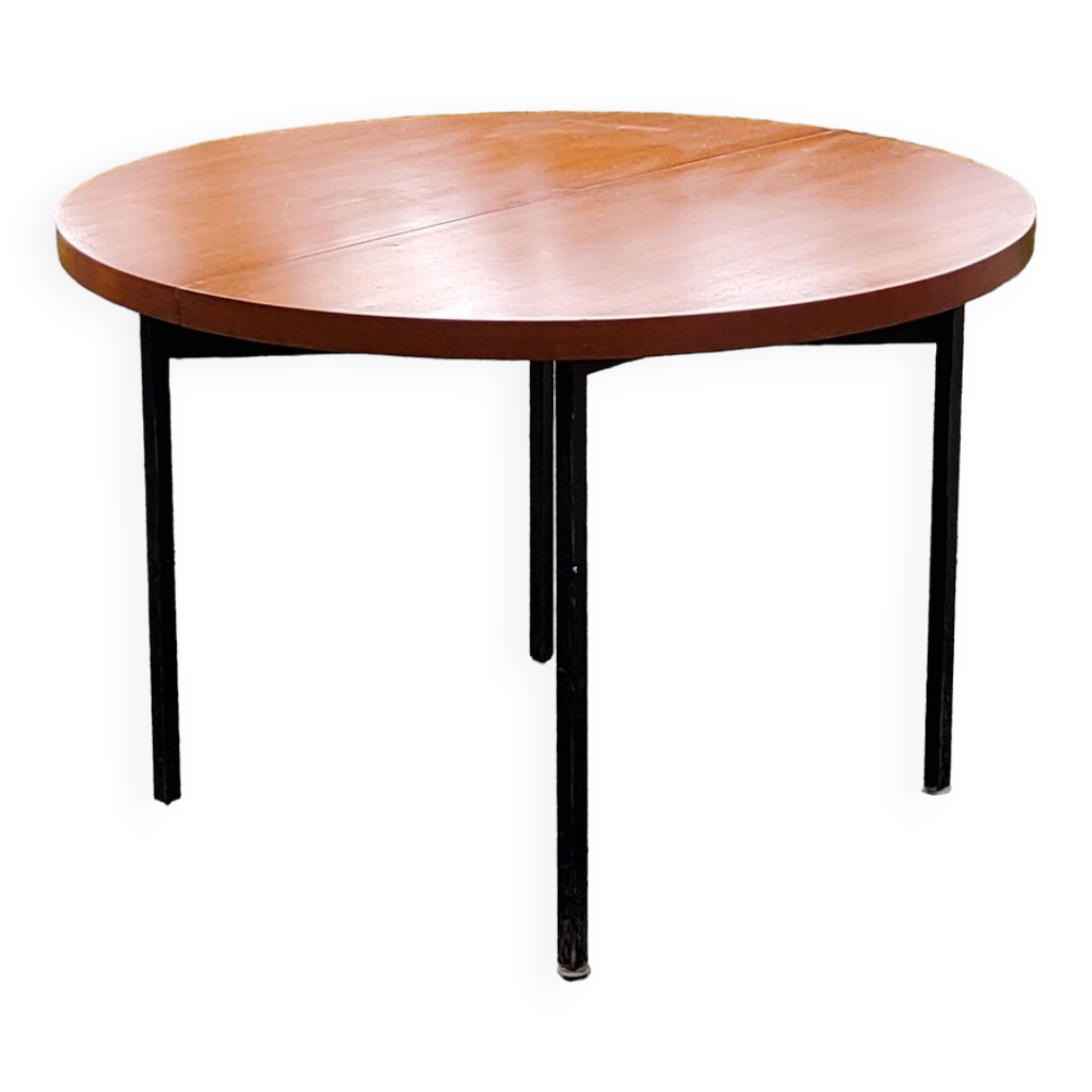 Vintage round table in blond mahogany by Gérard Guermonprez Editor Magnani, metal base