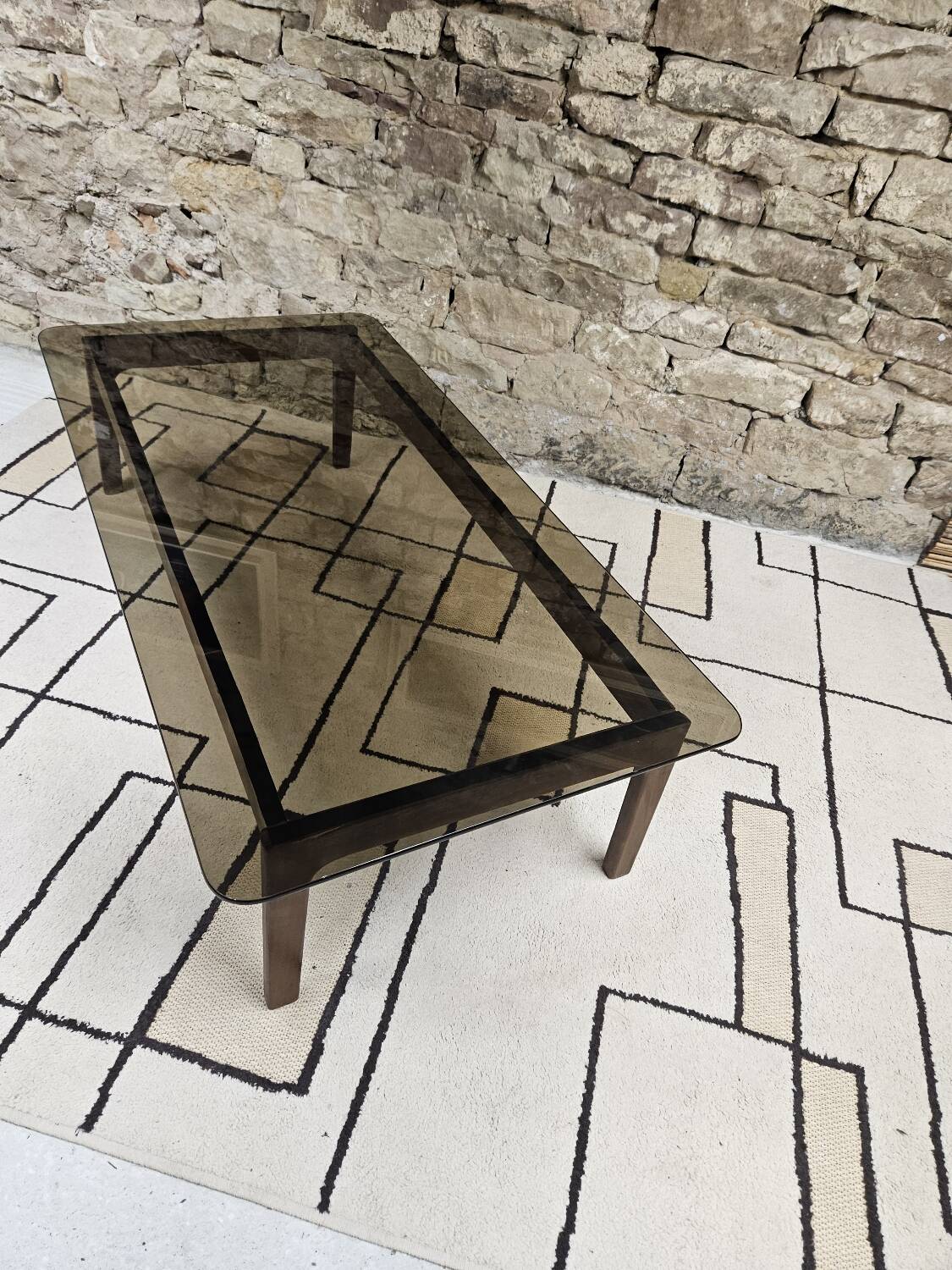 Vintage 1970s smoked glass wood coffee table