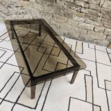 Table basse bois verre fumé vintage 1970"