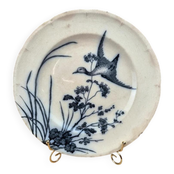 Antique Longwy plate – Japanese model – black and white bird decoration