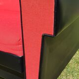 Vintage sofa 3 places convertible, red fabric and black skaï.1960s.